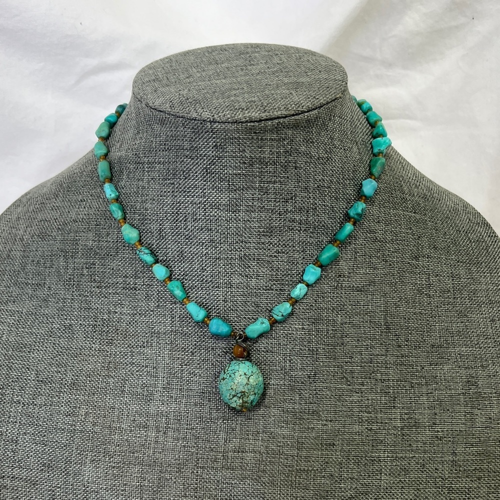 Turquoise Necklace With Amber Chips Gem Stones, Measures 16” Inches For a Teen☑️